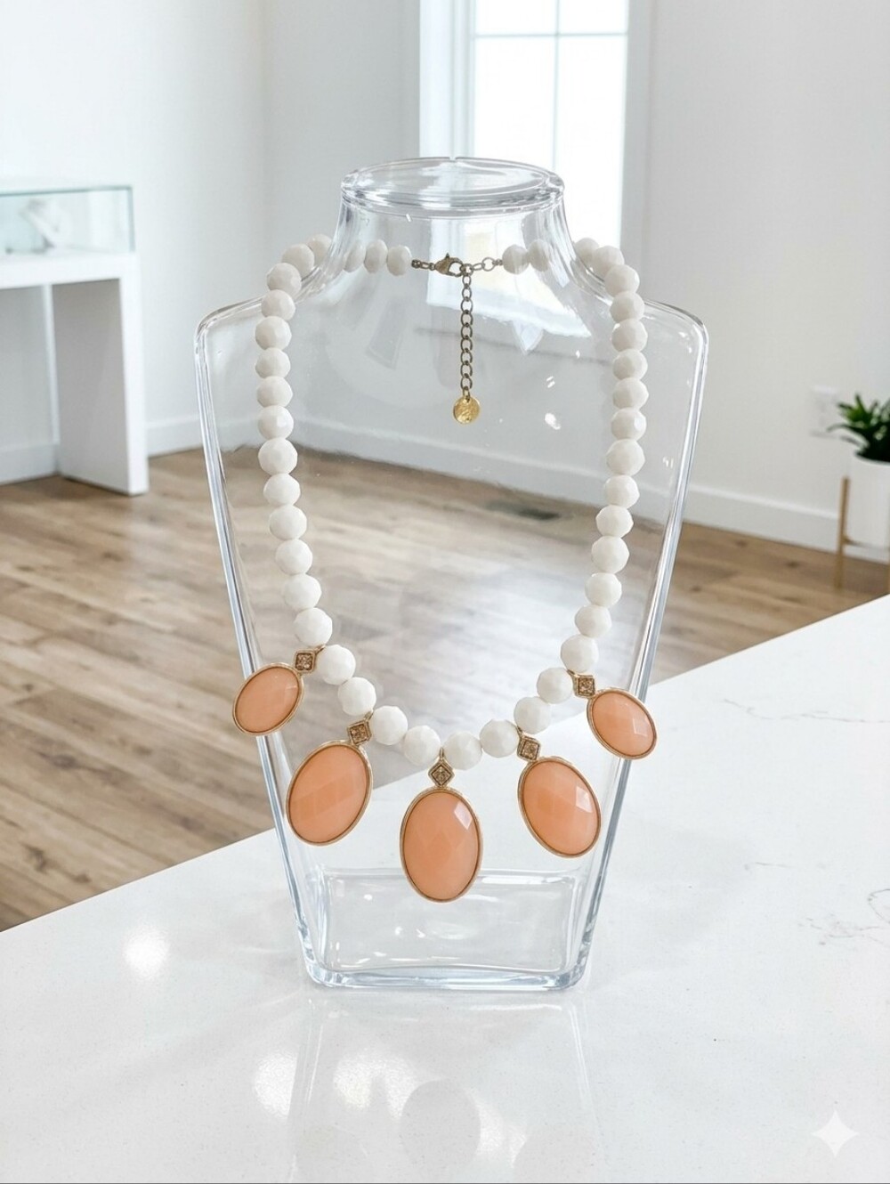 White Beaded Necklace with Peach Oval Pendants